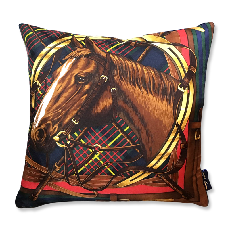 Vintage Ralph Lauren Tartan Equestrian Silk Scarf Pillow