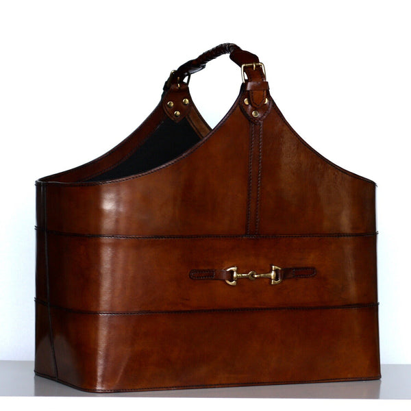 Mahogany Bay Leather Basket with Braided Handle- Medium