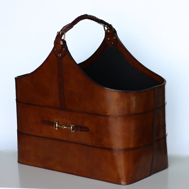 Mahogany Bay Leather Basket with Braided Handle- Medium