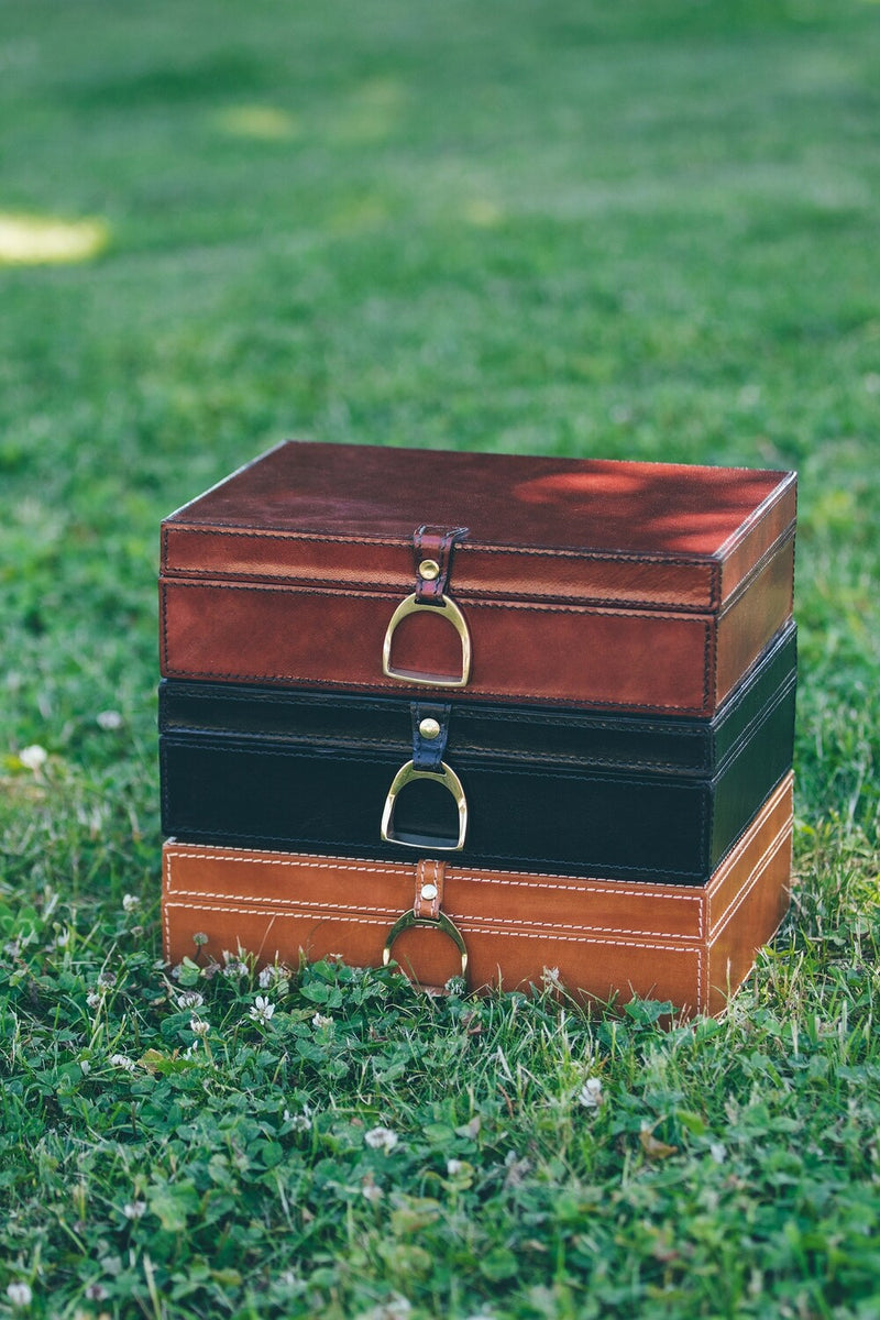 Cognac Leather Box with Brass Stirrup Buckle
