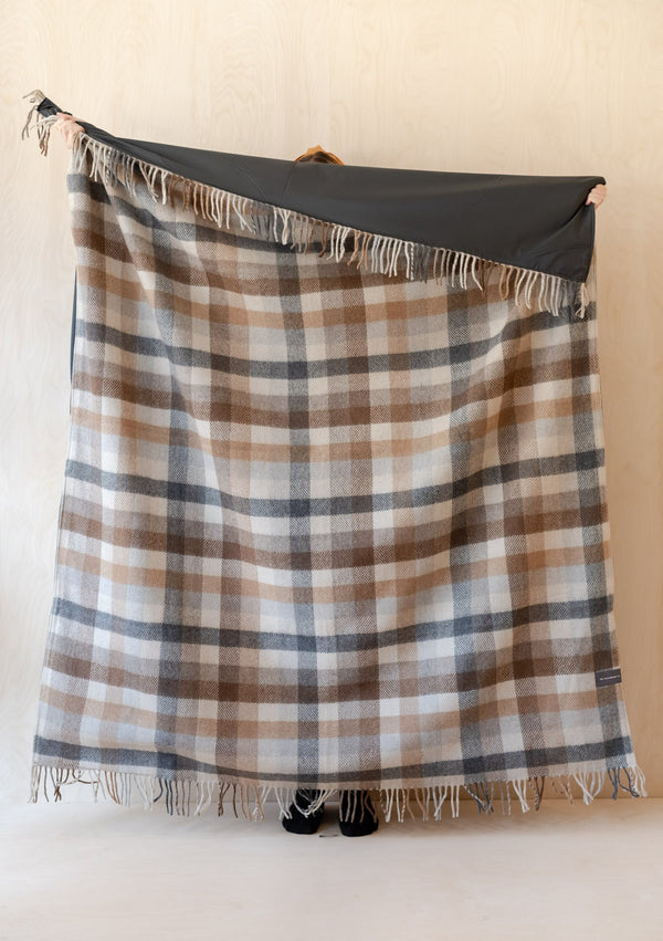 Neutral Check Recycled Wool Waterproof Picnic Blanket with Brown Leather Strap