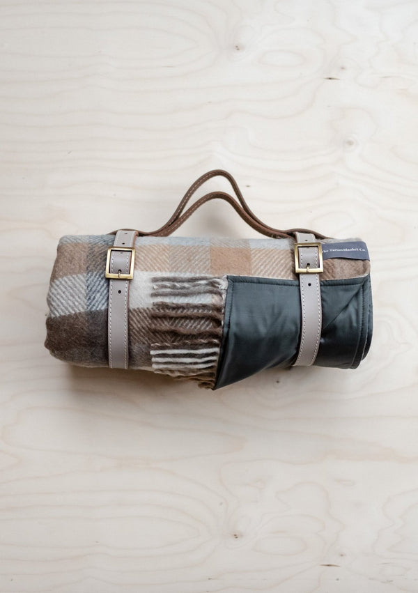 Neutral Check Recycled Wool Waterproof Picnic Blanket with Brown Leather Strap