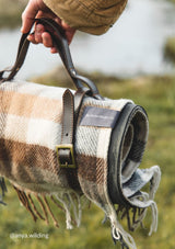 Neutral Check Recycled Wool Waterproof Picnic Blanket with Brown Leather Strap