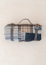 Recycled Wool Waterproof Picnic Blanket in Mackellar Tartan with Brown Leather Strap