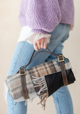 Recycled Wool Waterproof Picnic Blanket in Mackellar Tartan with Brown Leather Strap
