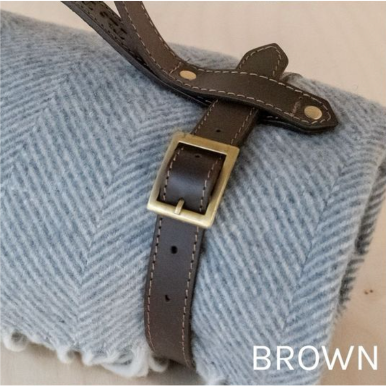 Recycled Wool Waterproof Picnic Blanket in Mackellar Tartan with Brown Leather Strap